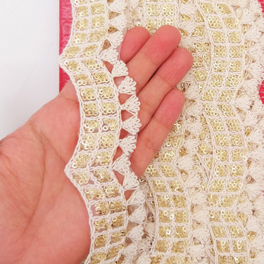 Nine Yards Off White Scallop Lace Trim Embroidered with Gold Sequins, Cutwork Trim, Scallops Wedding Trim